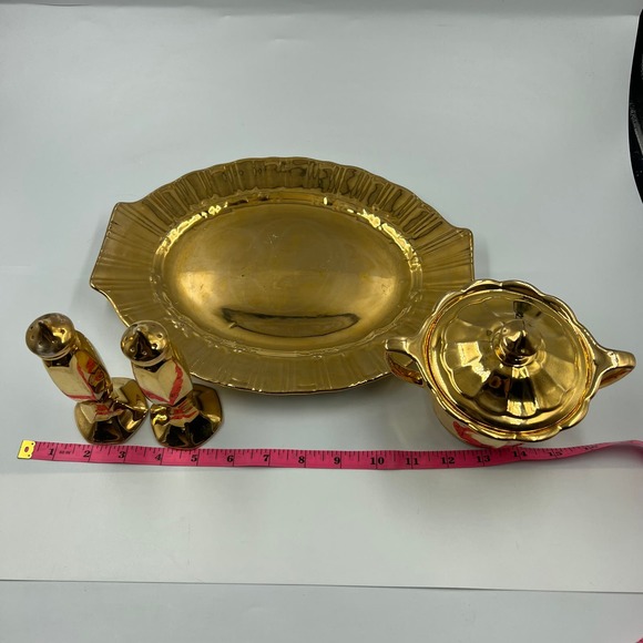 Vintage 22 Karat Gold Serving Tray Lid Dish Salt Pepper Shakers GLAM MidCentury - Picture 8 of 14